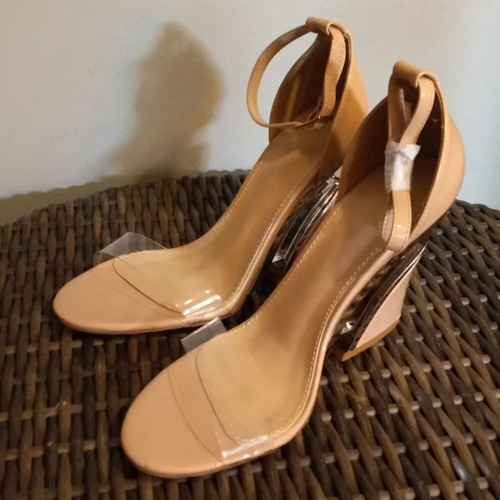 NIB Mei Oi Nude Clear Heel Sandals Sz 8 Lucite Block Heel Ankle Strap Statement - Picture 2 of 12